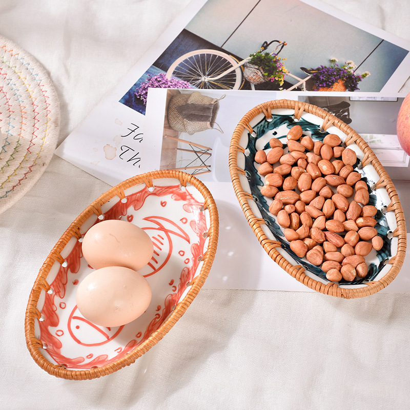 Đĩa sứ viền mây tre nhiều mẫu hoạ tiết phong cách Nhật