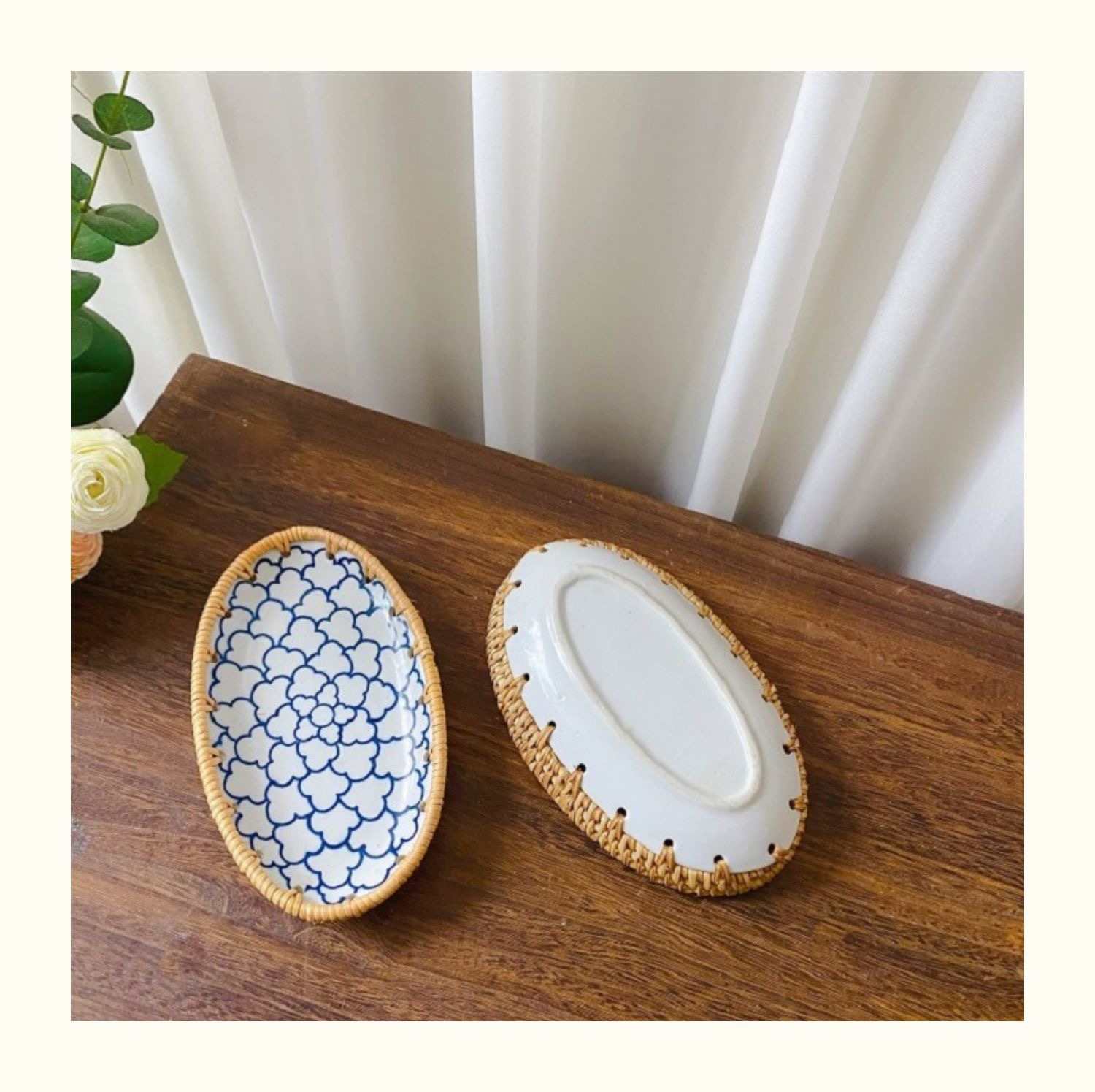 Đĩa sứ viền mây tre nhiều mẫu hoạ tiết phong cách Nhật