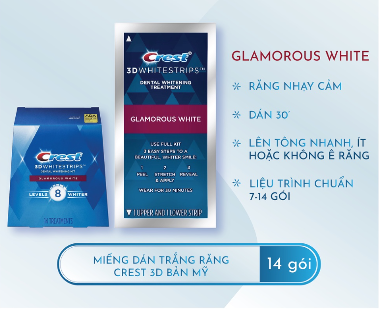 FULLBOX MIẾNG DÁN TRẮNG RĂNG CREST 3D WHITE GLAMOROUS WHITE (RĂNG NHẠY CẢM) - 14 NGÀY