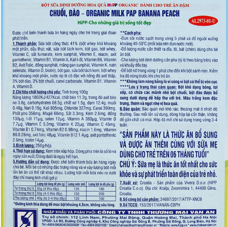 Bột ăn dặm Hipp vị chuối, Đào Banana Peach từ 4m