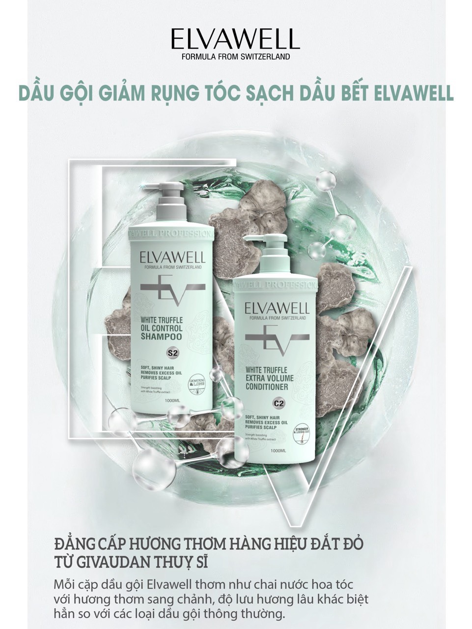 S2C2-Xanh] Bộ Dầu Gội Xả Giảm Rụng Tóc Sạch Dầu Bết Elvawell (1000ml+1000ml)