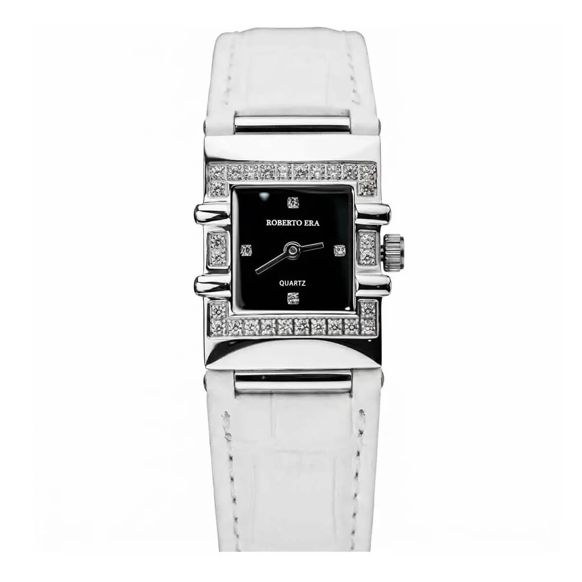 Đồng hồ nữ chính hãng Roberto Era RE1601W dây da trắng mặt đen vuông size 20x30mm vỏ silver