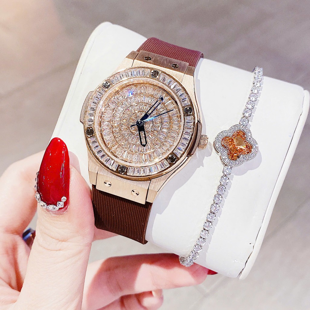 Set Đồng hồ nữ X-cer chính hãng dây cao su nâu vỏ vàng hồng size 34mm - Mặt đồng hồ đính đá