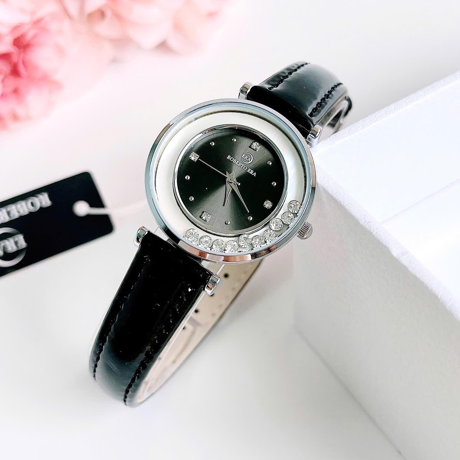 Đồng hồ nữ chính hãng Roberto Era RE0840 dây da đen mặt đá chảy size 32mm vỏ silver