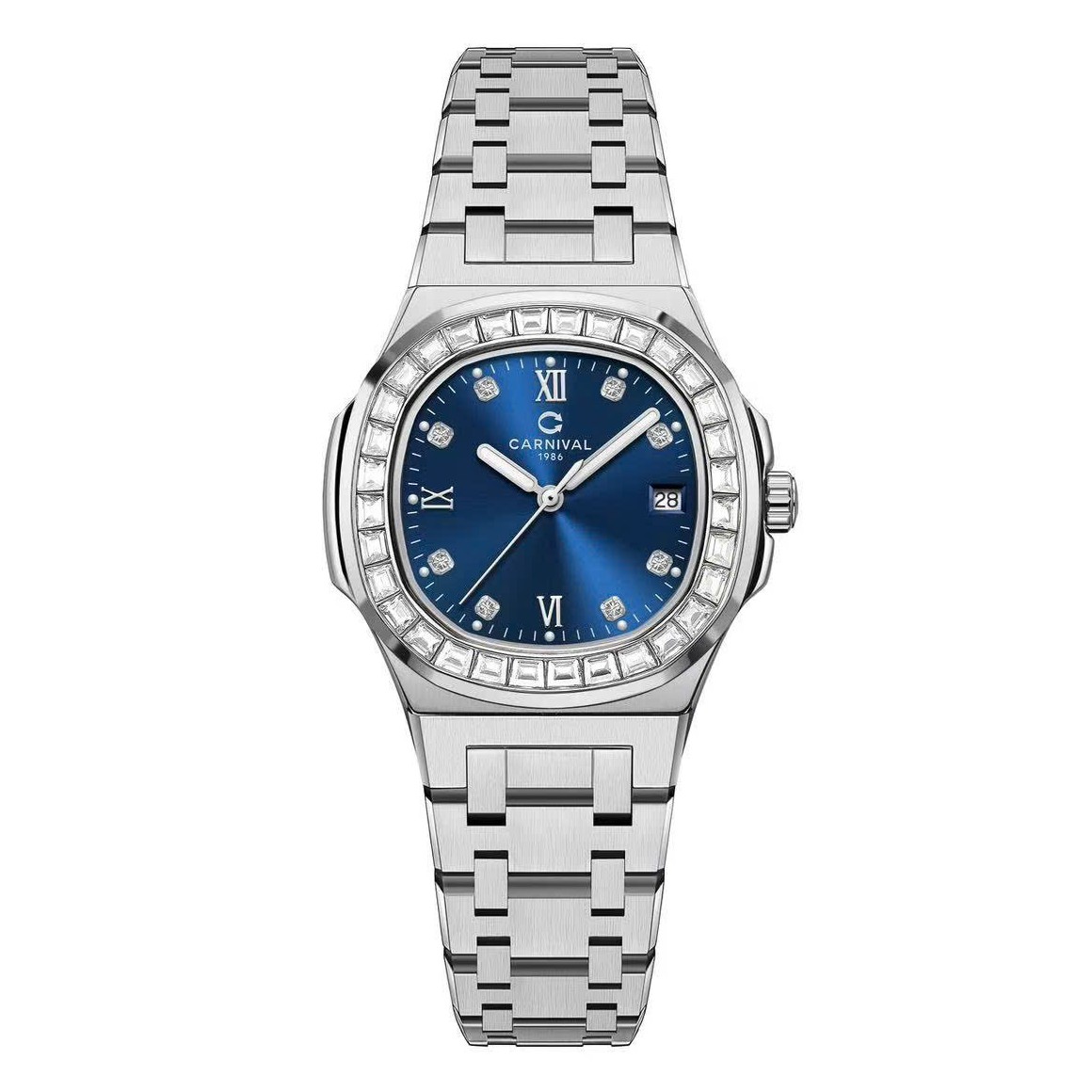 Đồng Hồ Nữ Carnival 8160L2-VT-X Dây Thép Silver Mặt Xanh Dương Viền Đá Size 34mm Sapphire