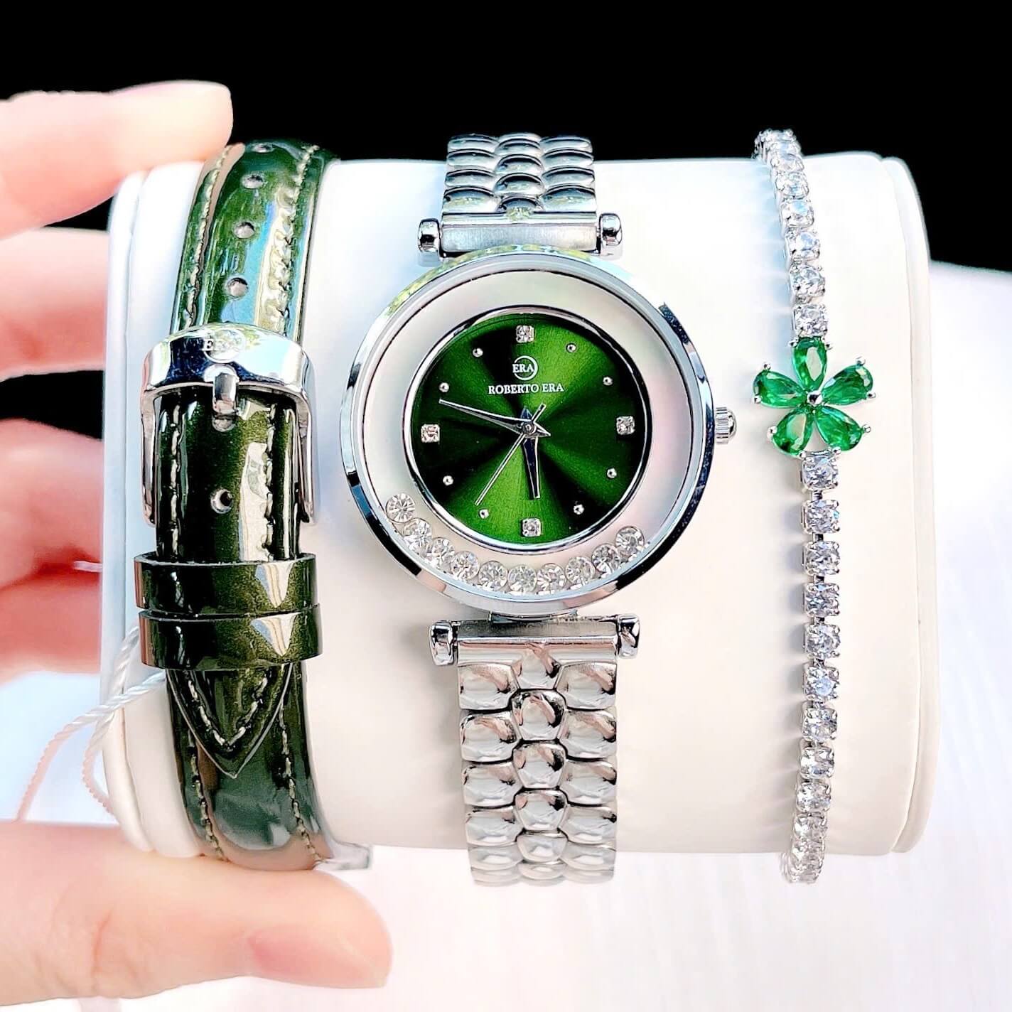 Set đồng hồ nữ chính hãng Roberto Era RE084 dây da xanh lá vỏ silver size 32mm, kèm bộ dây kim loại và phụ kiện