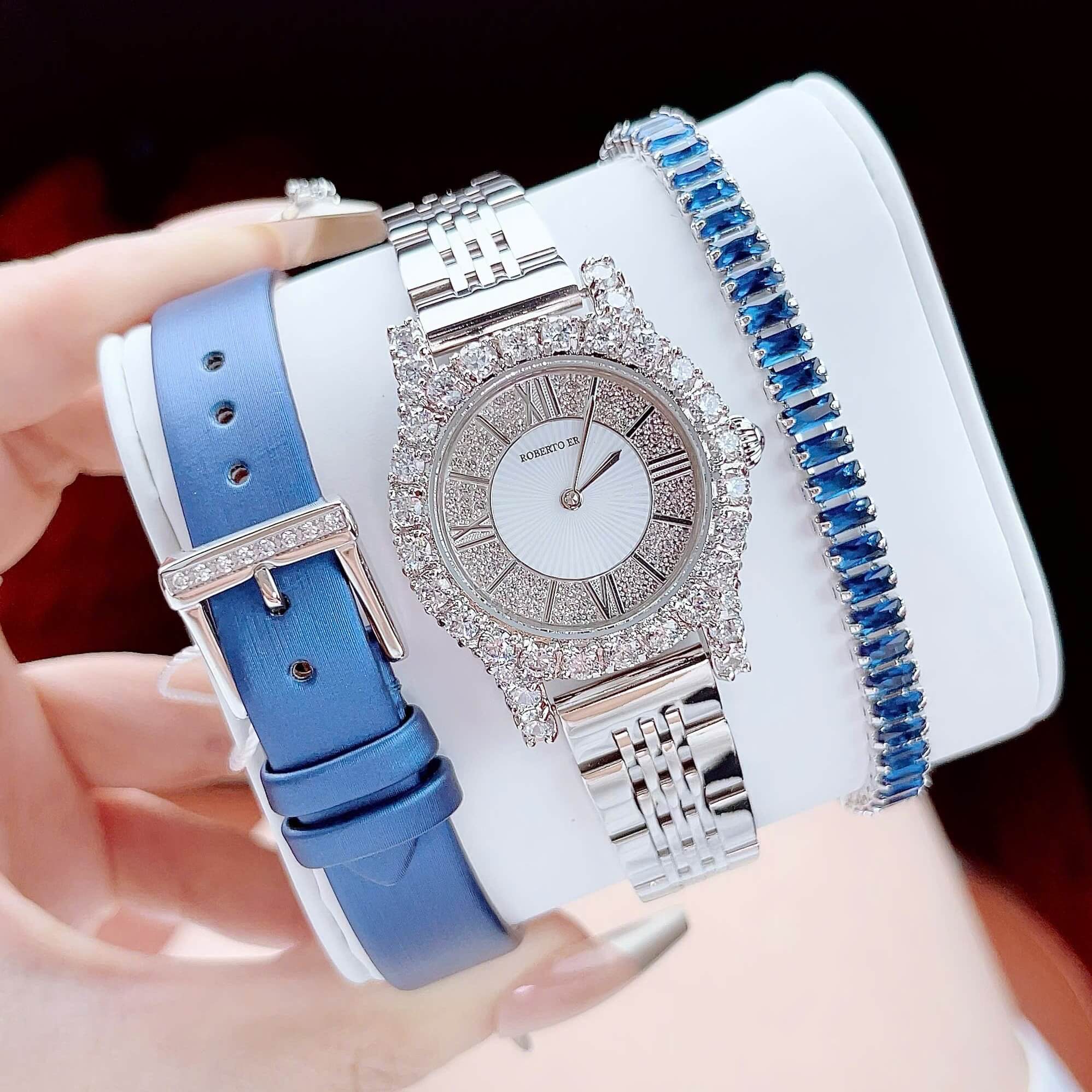 Set đồng hồ nữ chính hãng Roberto Era RE8348 dây da lụa xanh size 32mm mặt đính đá - Kèm dây kim loại và phụ kiện