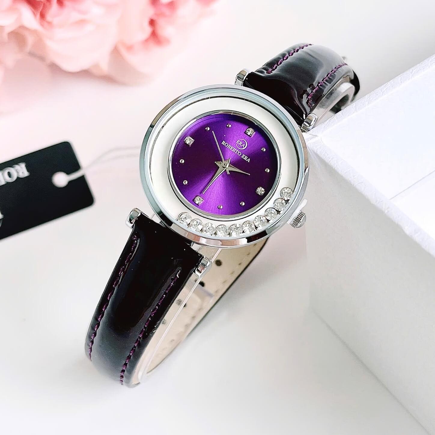 Đồng hồ nữ chính hãng Roberto Era RE0849 dây da tím mặt đá chảy size 32mm vỏ silver