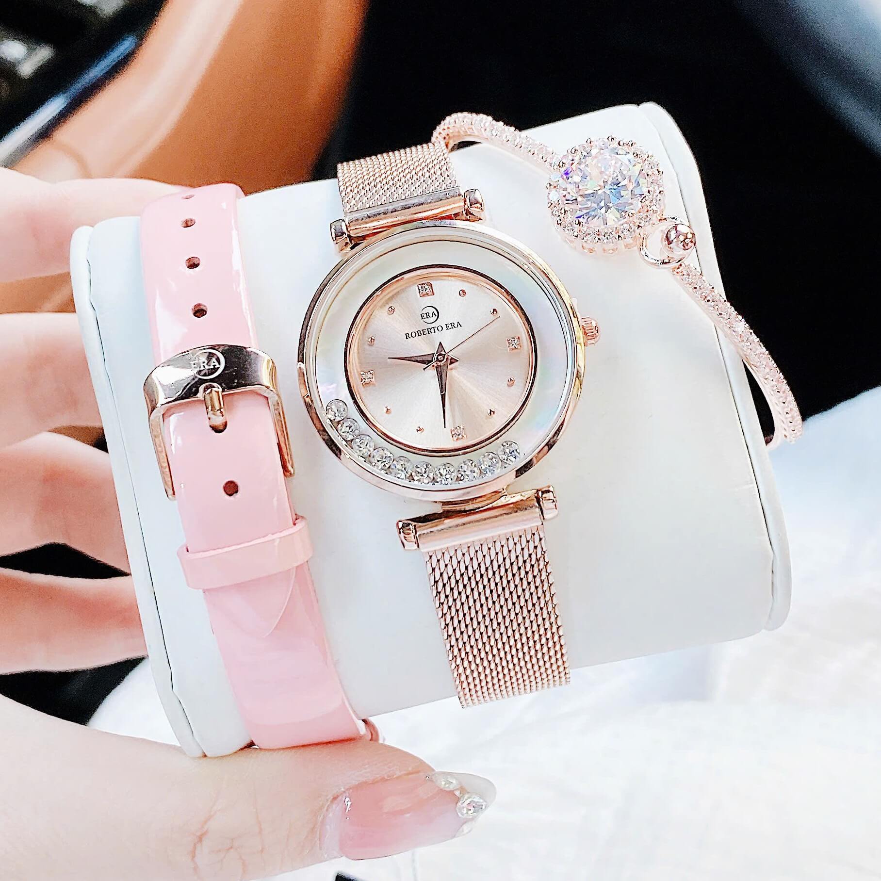 Set đồng hồ nữ chính hãng Roberto Era RE0843 dây da hồng vỏ rose size 32mm, kèm bộ dây kim loại và phụ kiện