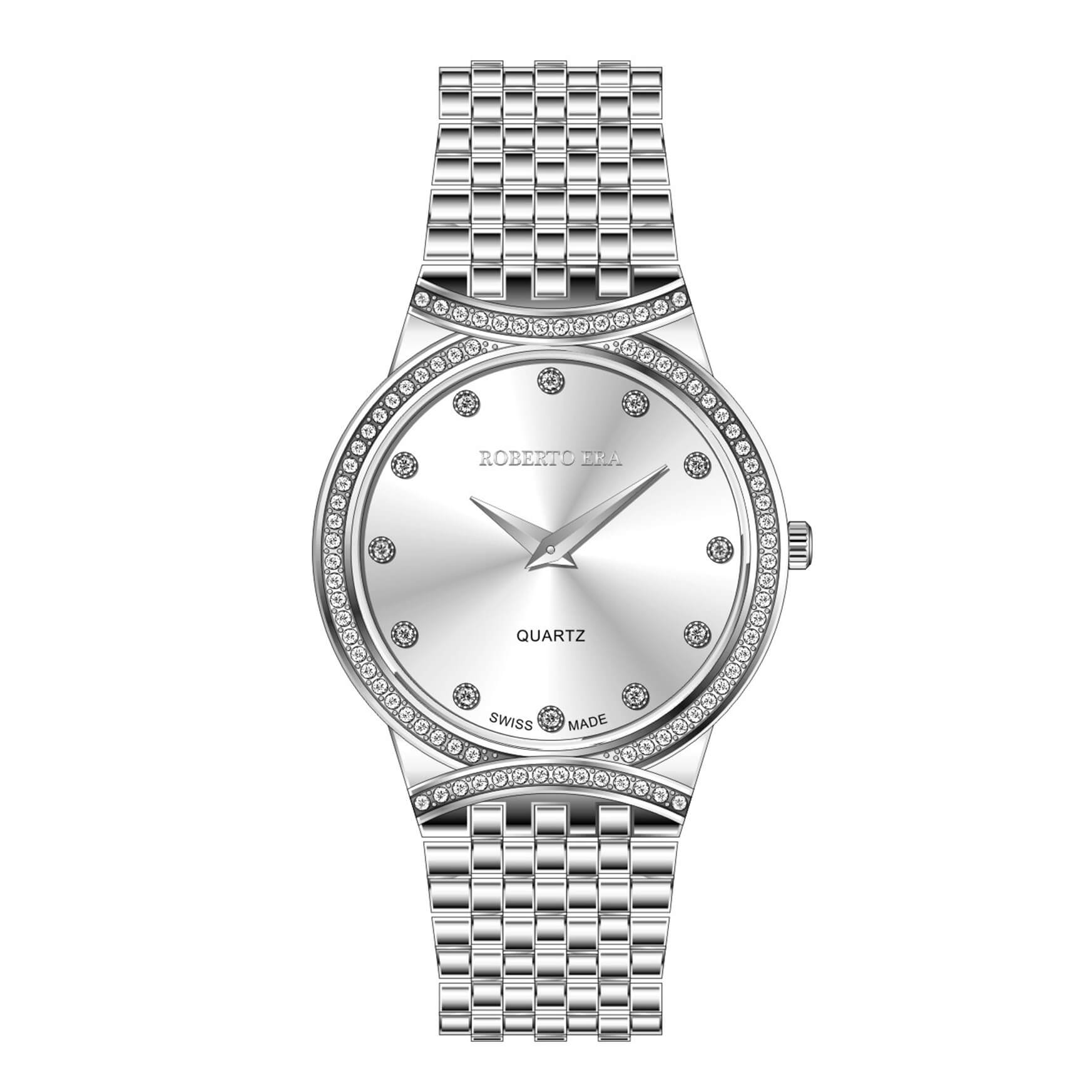 Đồng hồ nữ chính hãng Roberto Era RE2904 màu bạc mặt trắng viền đá size 28mm