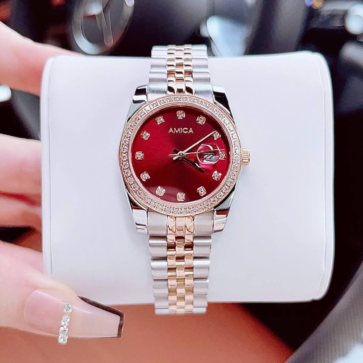 Set đồng hồ nữ Amica chính hãng màu demi vàng hồng mặt đỏ size 32mm - Đồng hồ Amica A059