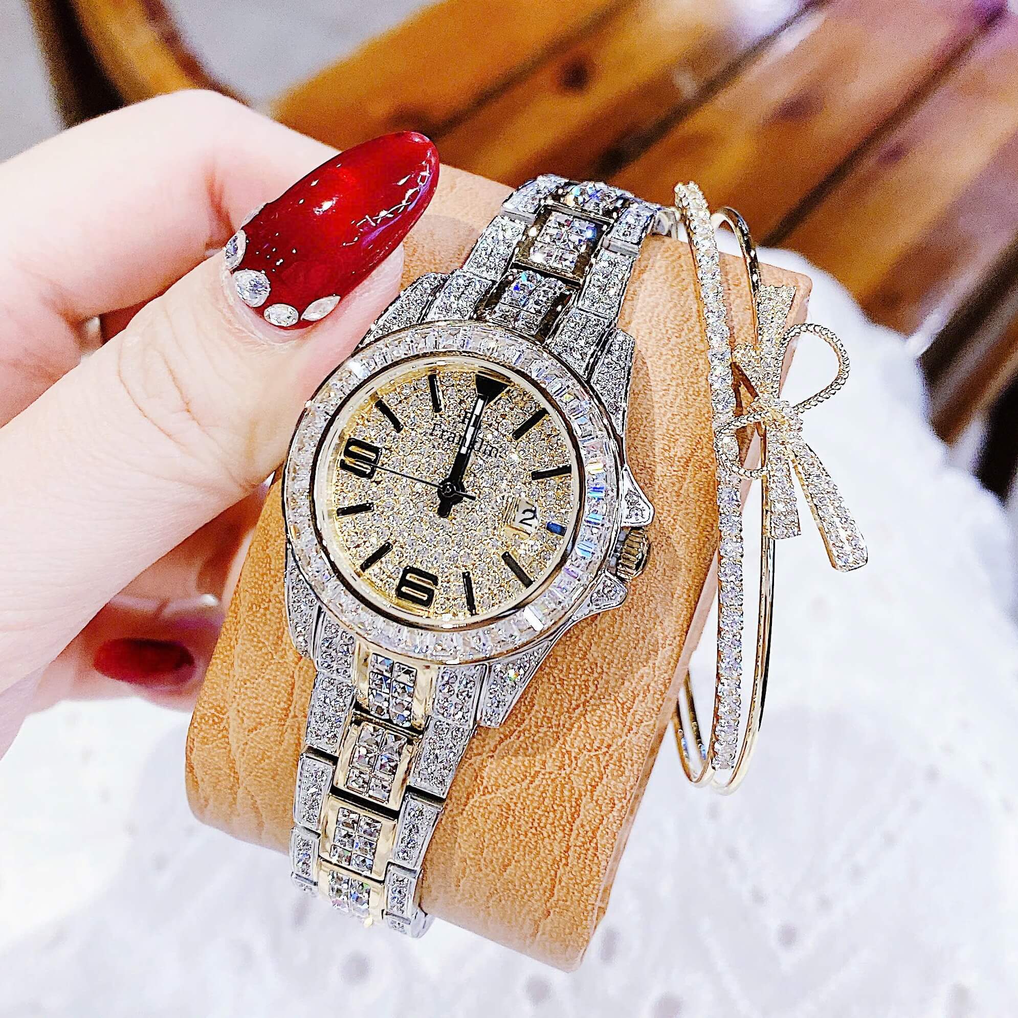 Đồng Hồ Nữ Franklin FL6166 Đính Đá Demi Vàng Gold Chính Hãng Size 33mm Tặng Kèm Vòng Tay