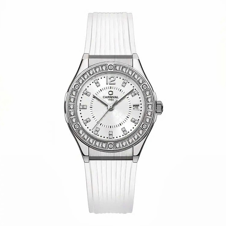 Đồng Hồ Nữ Carnival 8173L2 Dây Cao Su Trắng Đính Đá Silver Size 34mm Quartz Japan Carnival 8173L2-VT-DCS-T1