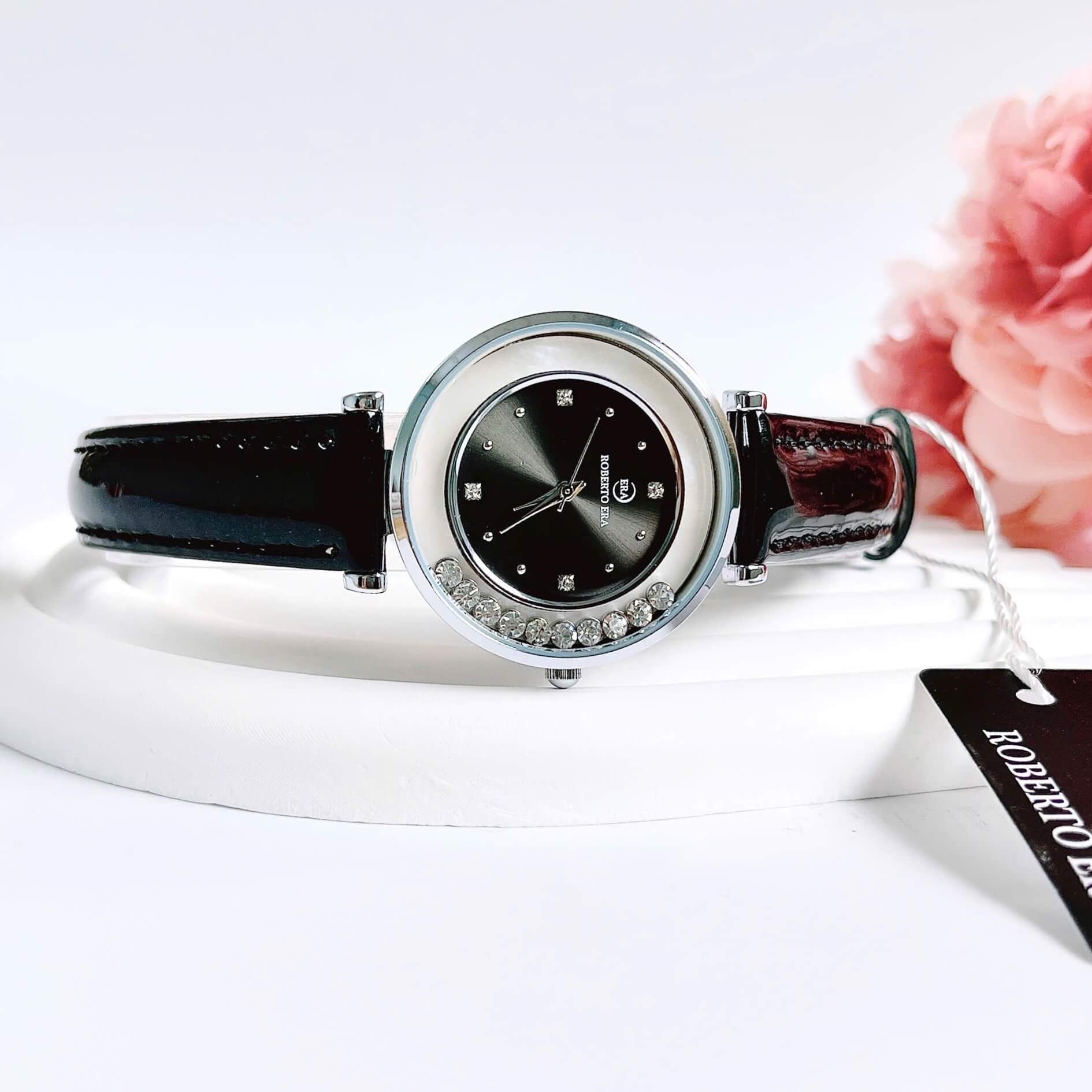 Đồng hồ nữ chính hãng Roberto Era RE0840 dây da đen mặt đá chảy size 32mm vỏ silver
