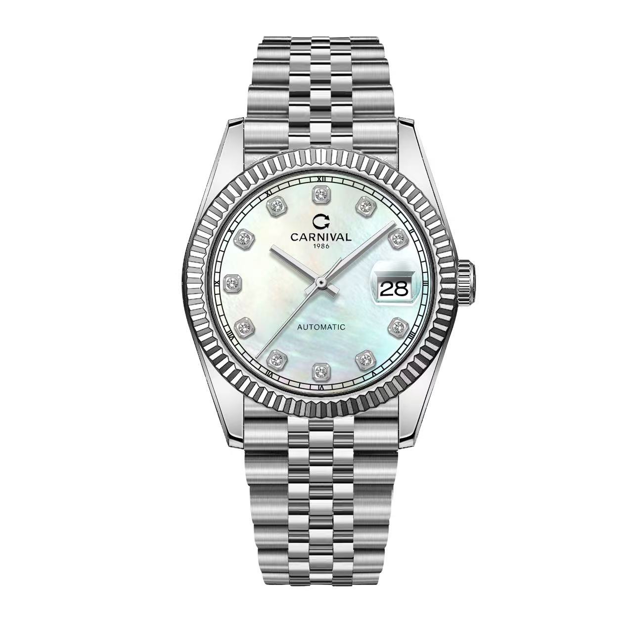 Đồng Hồ Nam Carnival 8250G-VT-TK Automatic Dây Thép Bạc Mặt Xà Cừ Trắng Size 38mm