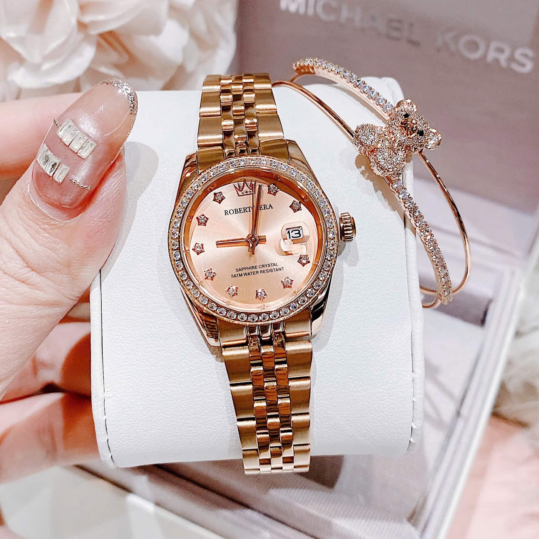 Đồng Hồ Nữ Roberto Era Dây Thép Vàng Hồng Viền Đá Size 28mm Roberto Era RE120