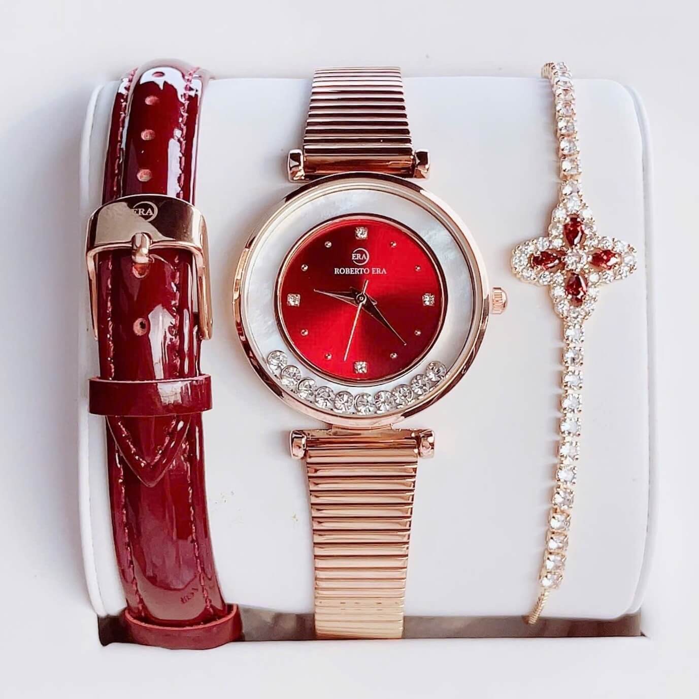 Set đồng hồ nữ chính hãng Roberto Era RE0848 dây da đỏ vỏ rose size 32mm kèm bộ dây kim loại và phụ kiện