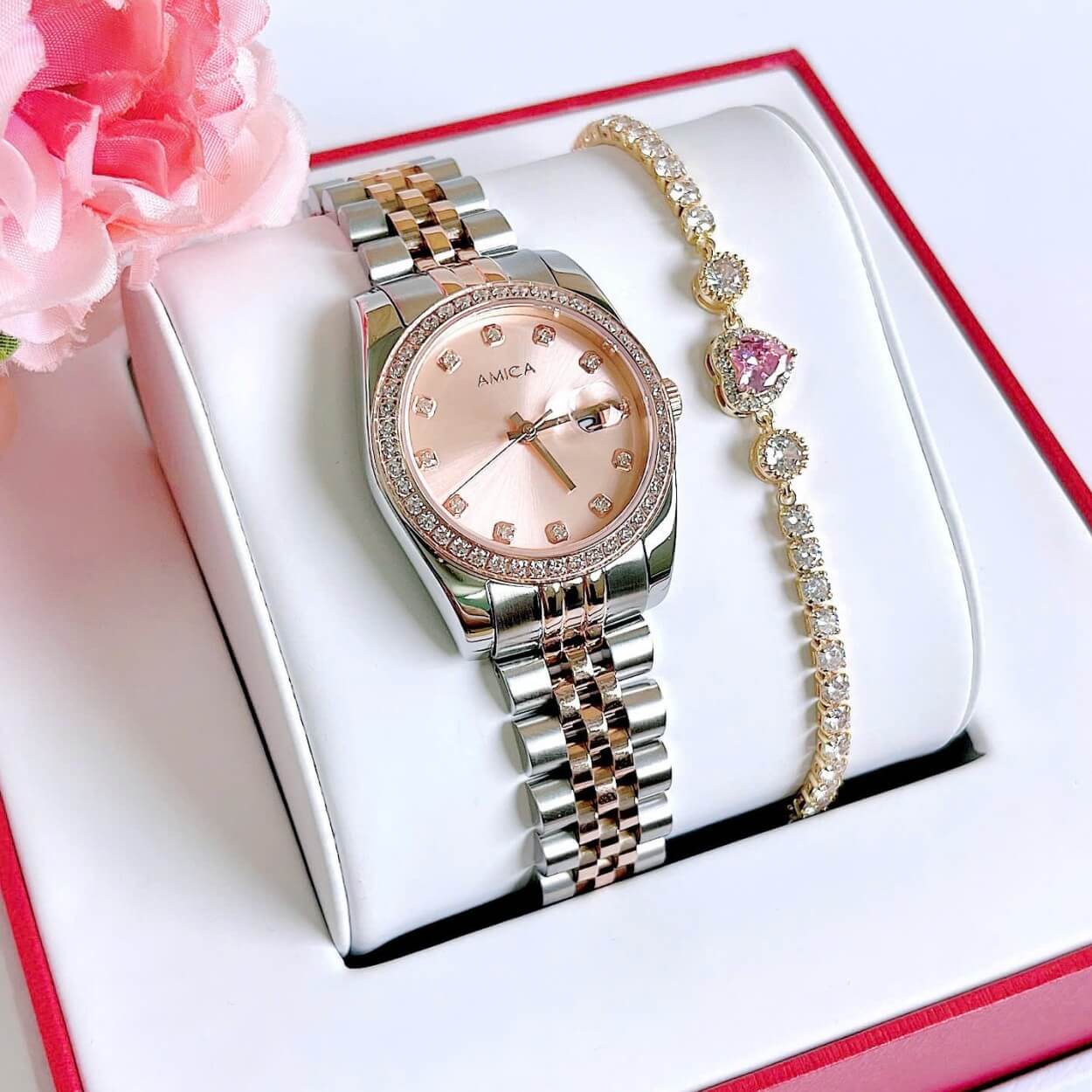 Set đồng hồ nữ Amica chính hãng màu demi vàng hồng size 32mm - Đồng hồ Amica A059
