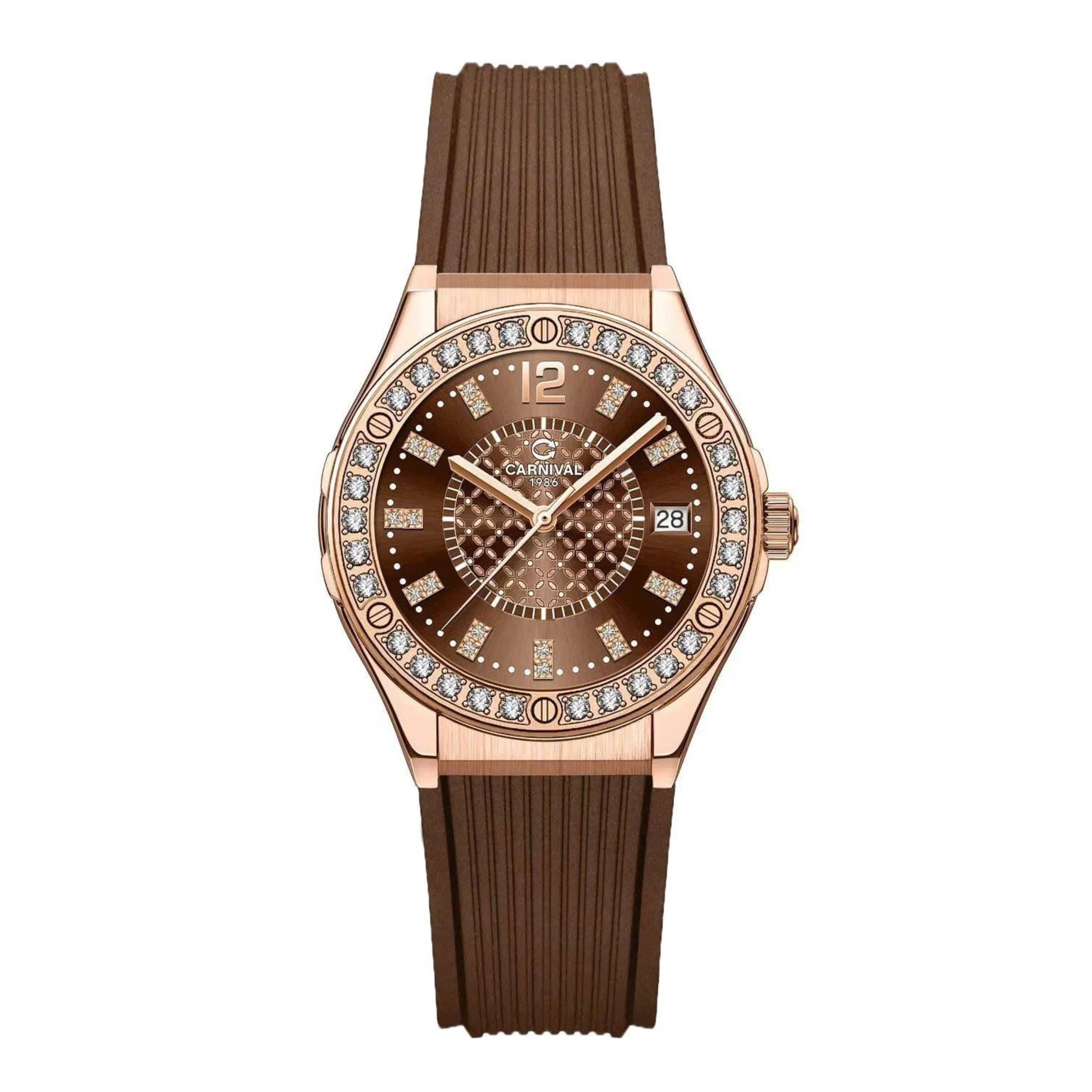 Đồng Hồ Nữ Carnival 8173L2 Dây Cao Su Nâu Đính Đá Rose Size 34mm Quartz Japan Carnival 8173L2-VH-DCS-N
