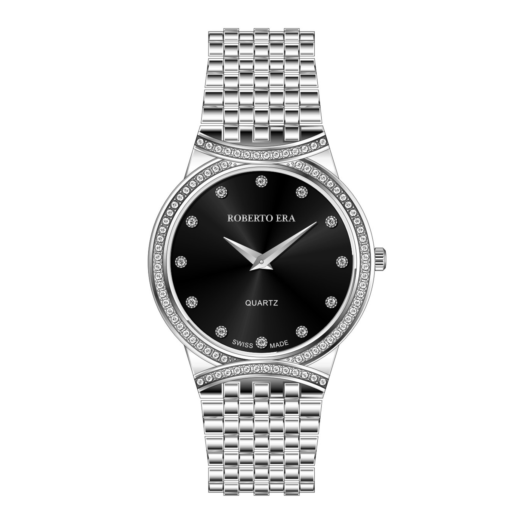Đồng hồ nữ chính hãng Roberto Era RE2903 màu bạc mặt đen viền đá size 28mm