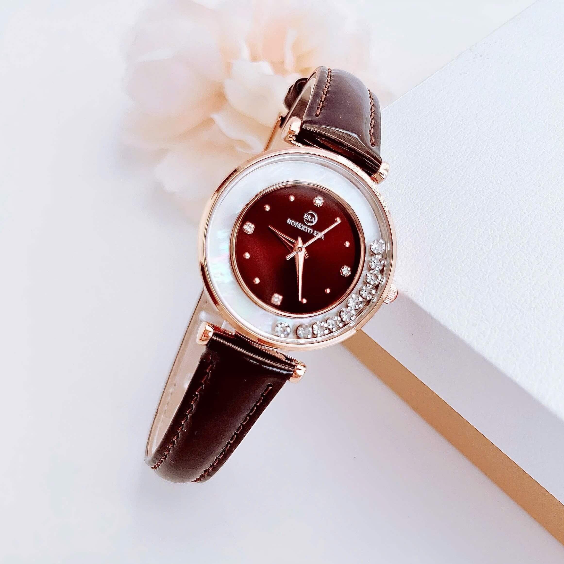 Đồng hồ nữ chính hãng Roberto Era RE0849 dây da nâu mặt đá chảy size 32mm vỏ rose gold