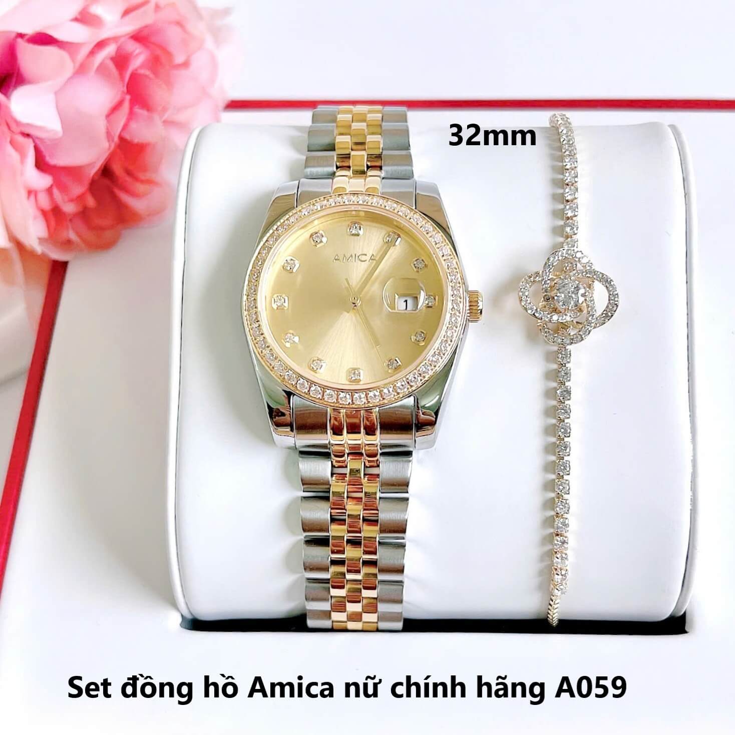 Set đồng hồ nữ Amica chính hãng màu demi vàng gold size 32mm - Đồng hồ Amica A059