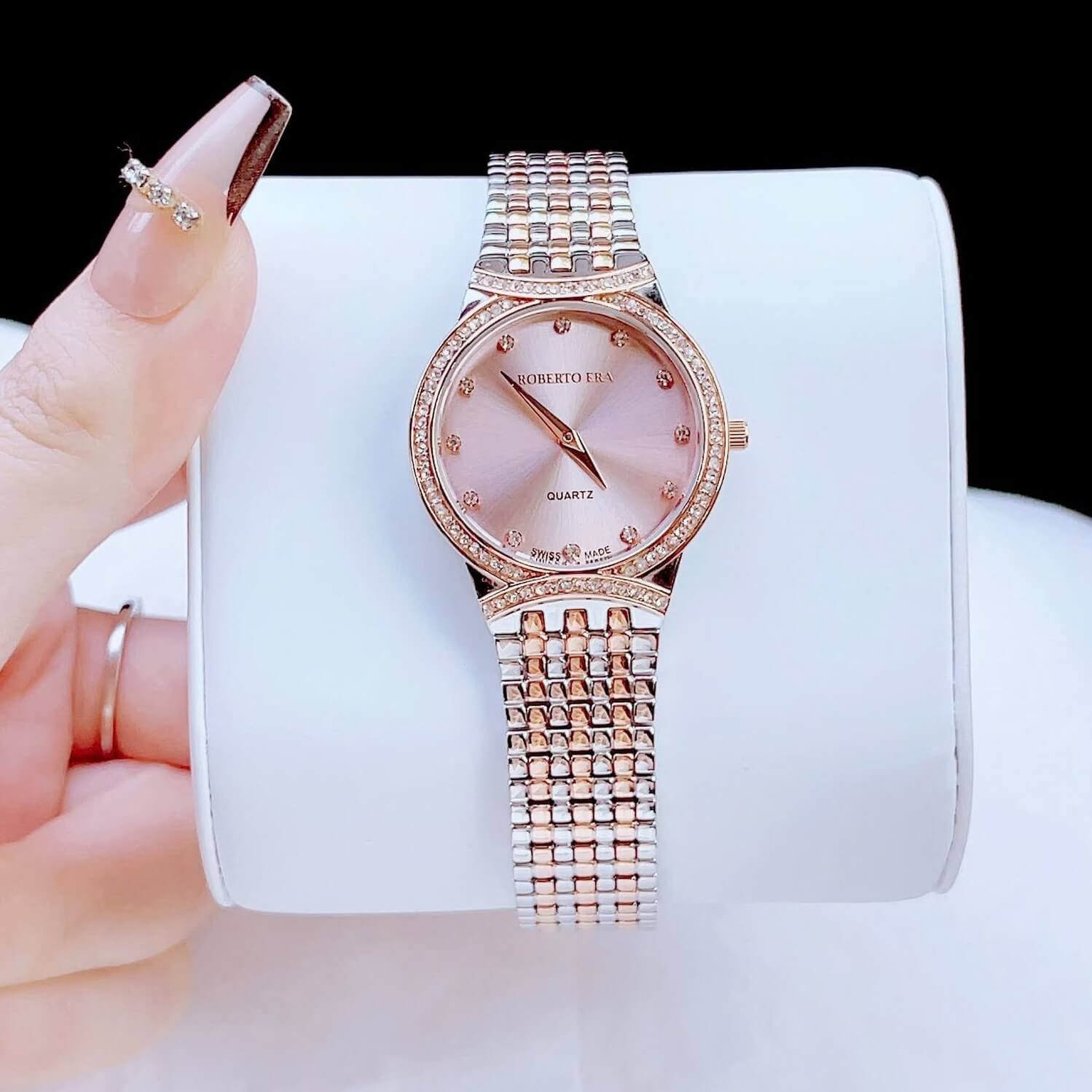 Đồng hồ nữ chính hãng Roberto Era RE2906 màu demi vàng hồng mặt hồng viền đá size 28mm