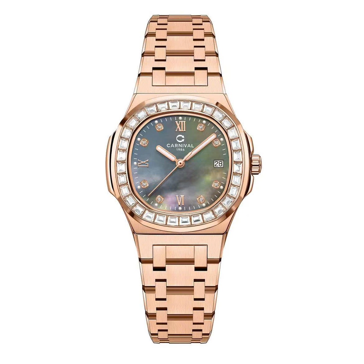 Đồng Hồ Nữ Carnival 8160L2-VH-DK Vàng Hồng Mặt Xà Cừ Xám Viền Đá Size 34mm Sapphire
