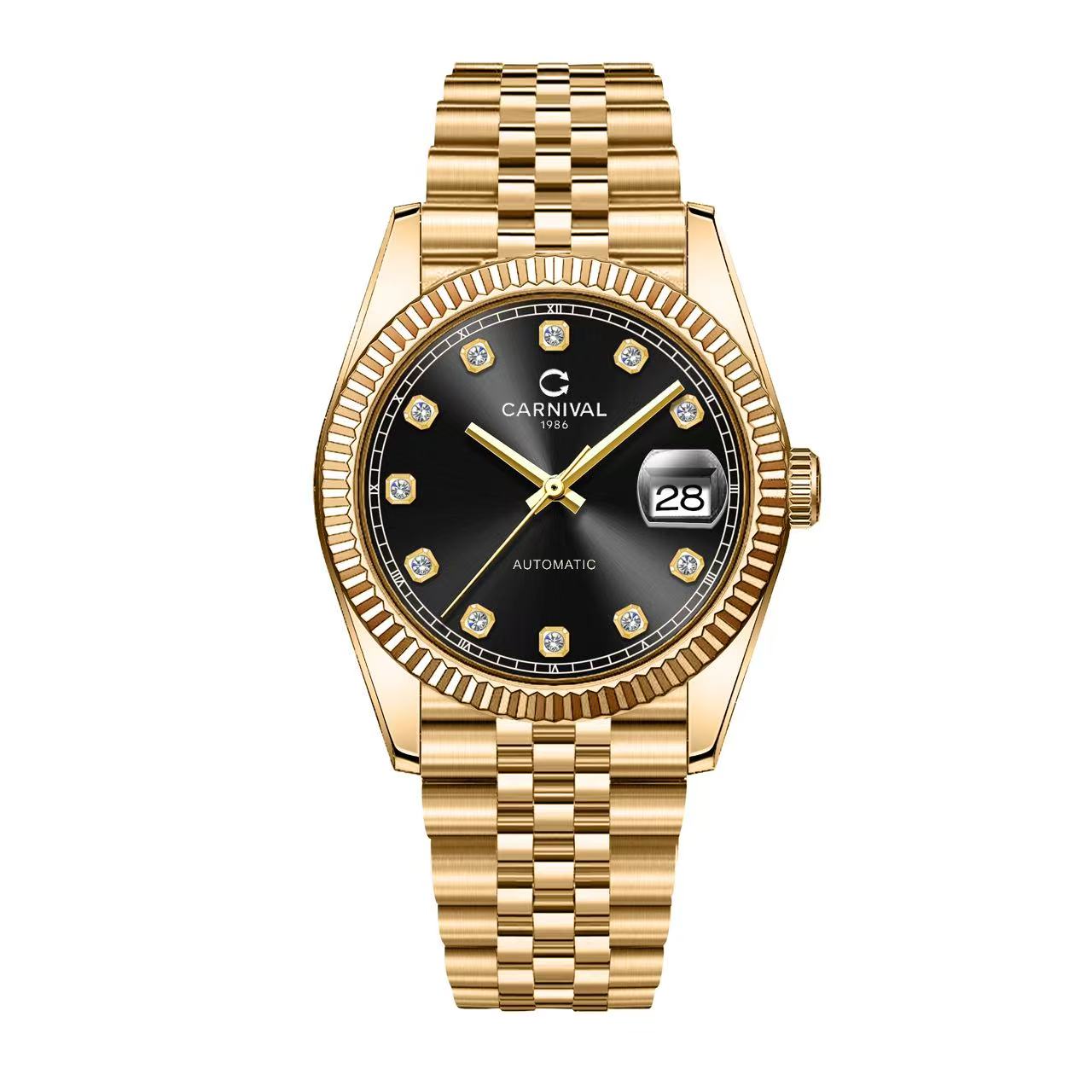 Đồng Hồ Nam Carnival 8250G-VV-D Automatic Dây Thép Vàng Mặt Đen Size 38mm