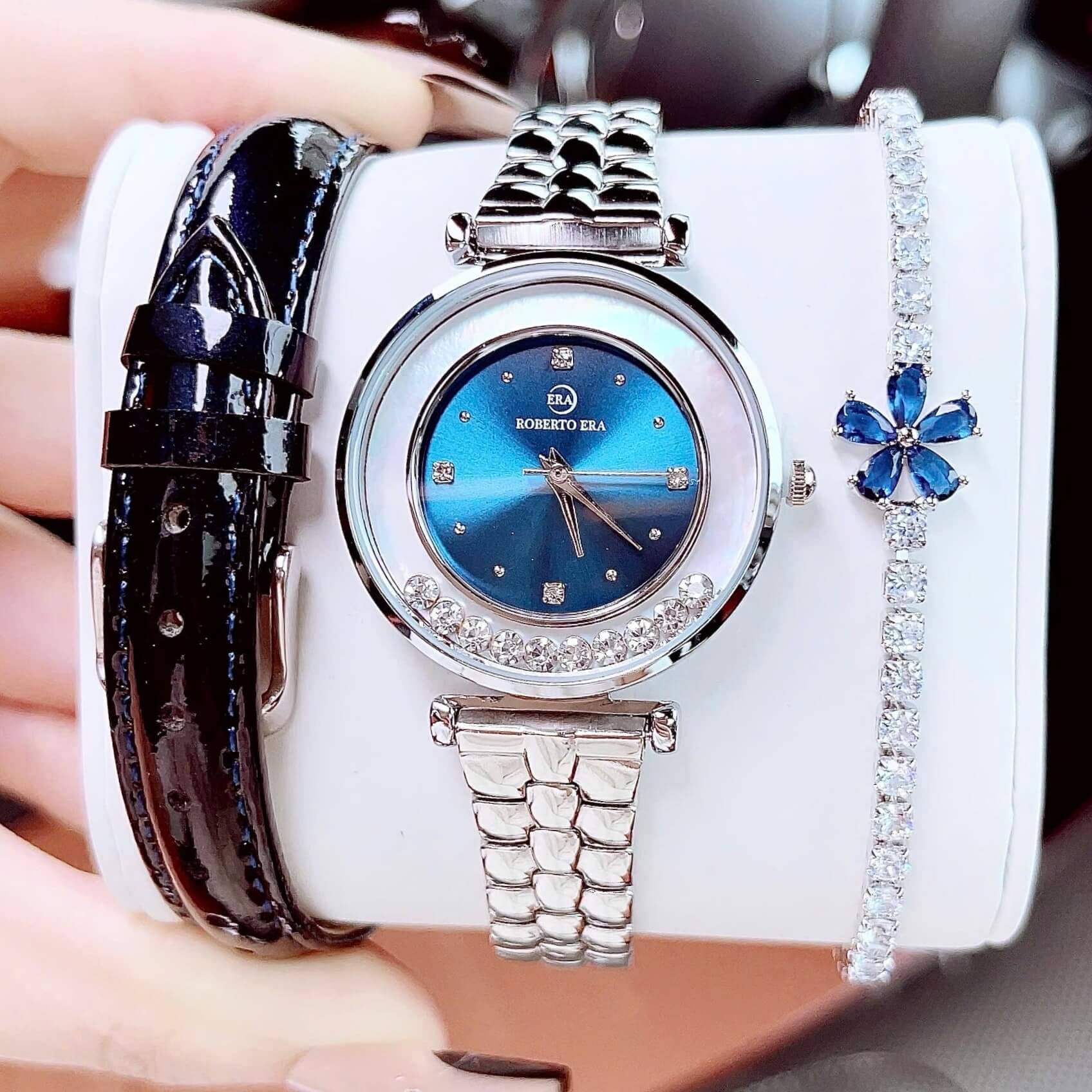 Set đồng hồ nữ chính hãng Roberto Era RE0847 dây da xanh dương vỏ silver size 32mm, kèm bộ dây kim loại và phụ kiện