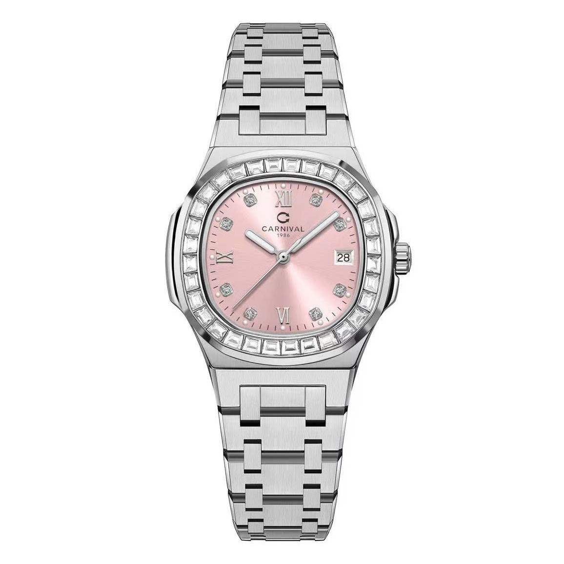Đồng Hồ Nữ Carnival 8160L2-VT-H Dây Thép Silver Mặt Hồng Viền Đá Size 34mm Sapphire