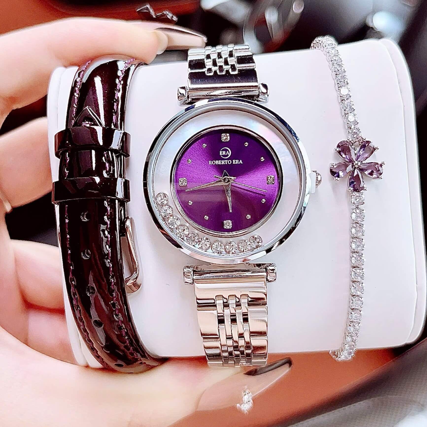 Set đồng hồ nữ chính hãng Roberto Era RE0848 dây da tím vỏ silver size 32mm, kèm bộ dây kim loại và phụ kiện