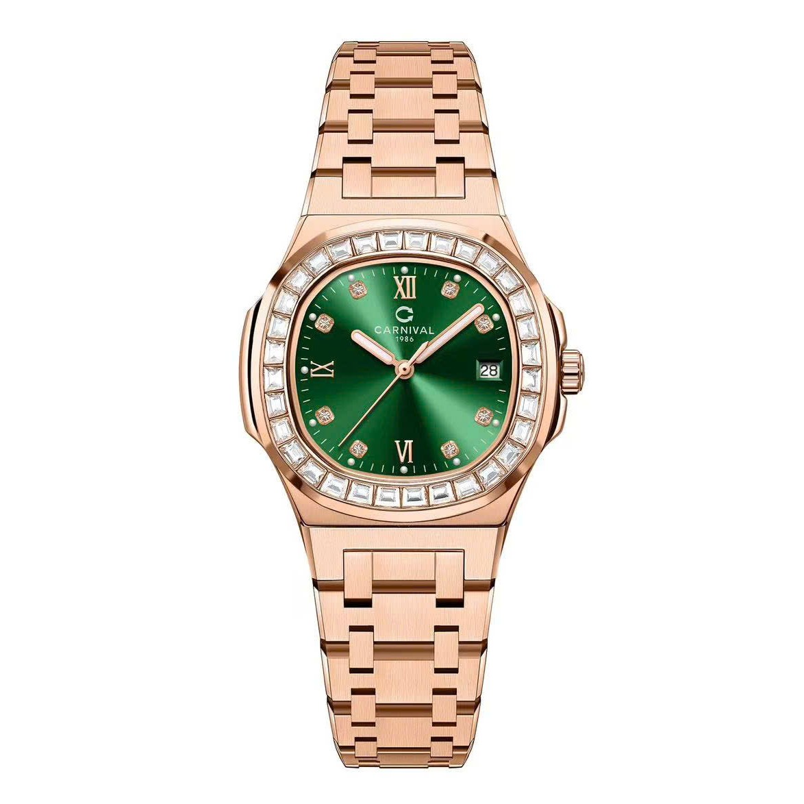 Đồng Hồ Nữ Carnival 8160L2-VH-XL Vàng Hồng Mặt Xanh Lá Viền Đá Size 34mm Sapphire