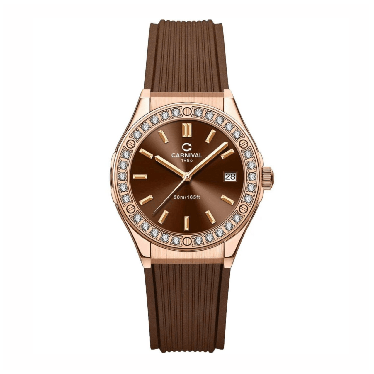 Đồng Hồ Nữ Carnival 8168L2 Dây Cao Su Nâu Đính Đá Rose Size 34mm Quartz 8168L2-VH-DCS-N