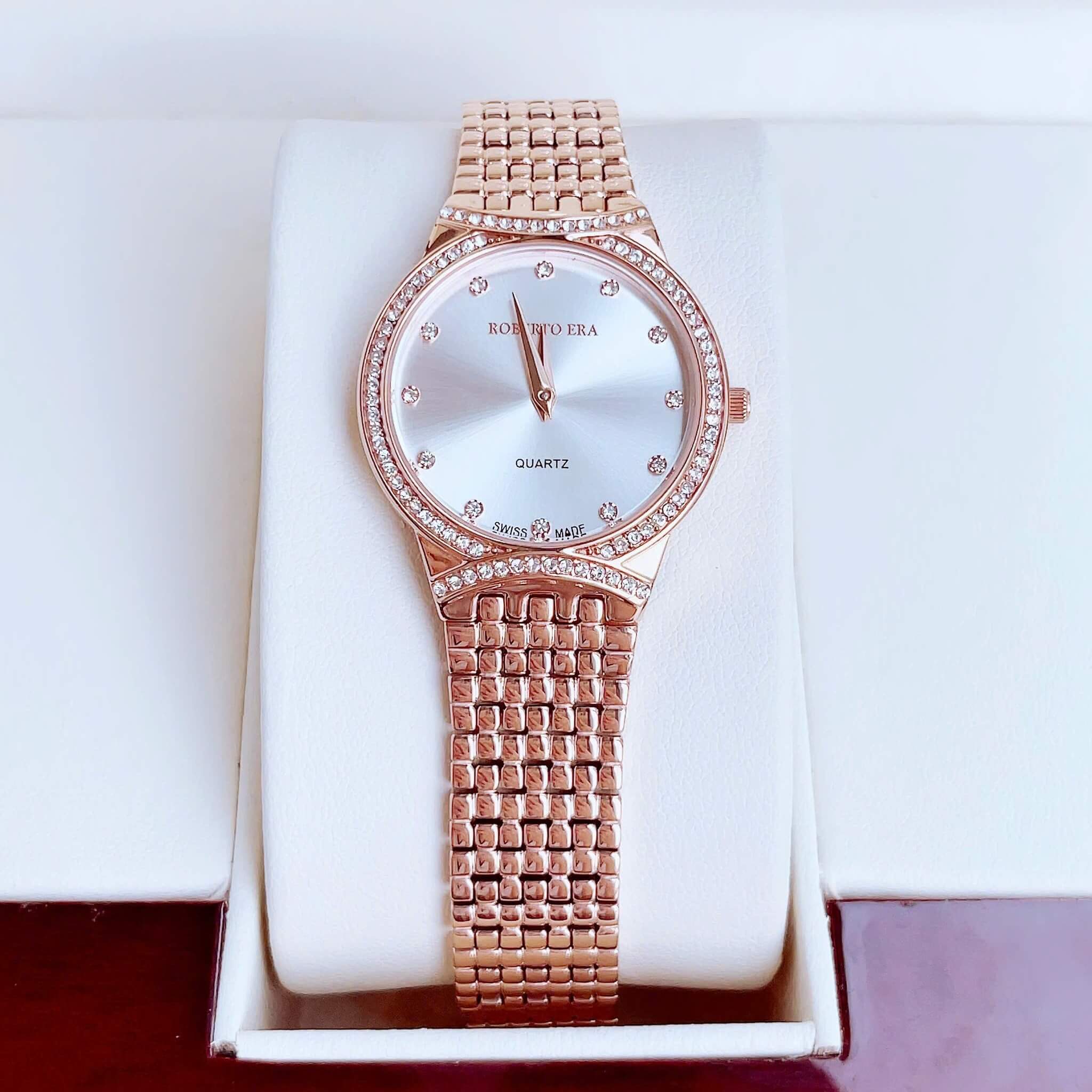Đồng hồ nữ chính hãng Roberto Era RE2902 màu vàng hồng mặt trắng viền đá size 28mm