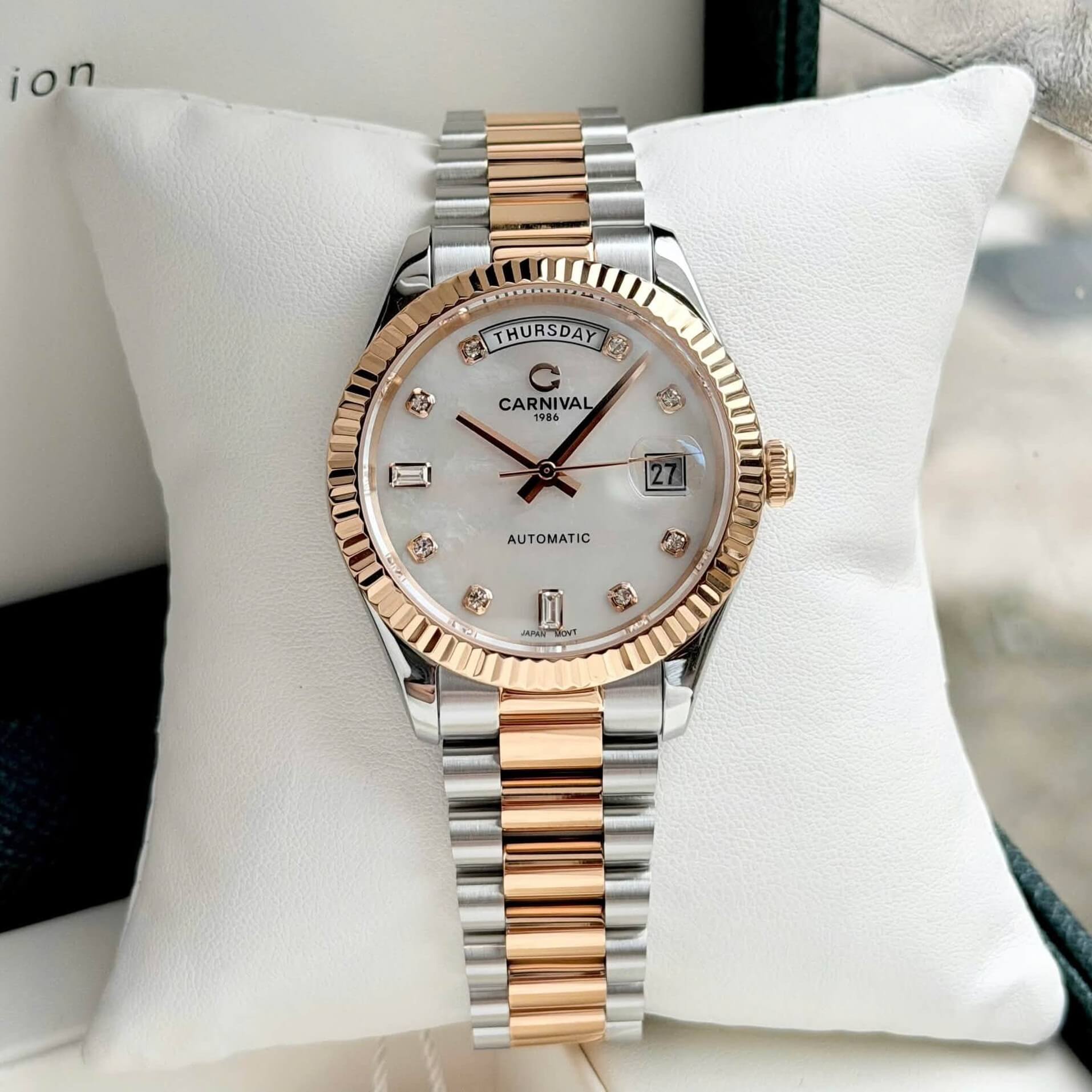 Đồng Hồ Nam Carnival 8239G-CH-TK Automatic Demi Vàng Hồng Mặt Xà Cừ Trắng Size 38mm Chính Hãng