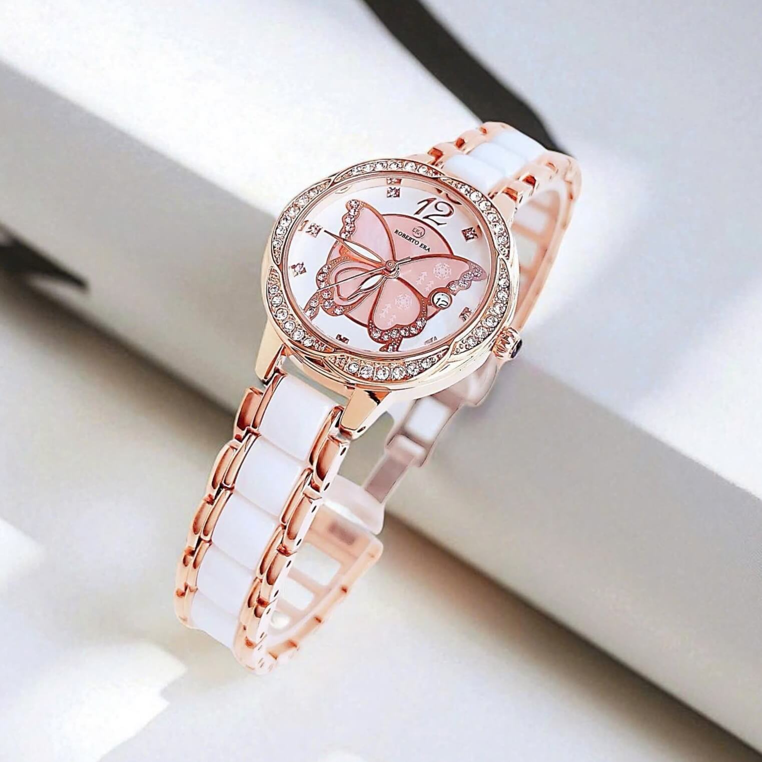 Đồng hồ nữ chính hãng Roberto Era màu vàng hồng đá ceramic trắng size 32mm RE5681 - Mặt đồng hồ họa tiết bướm