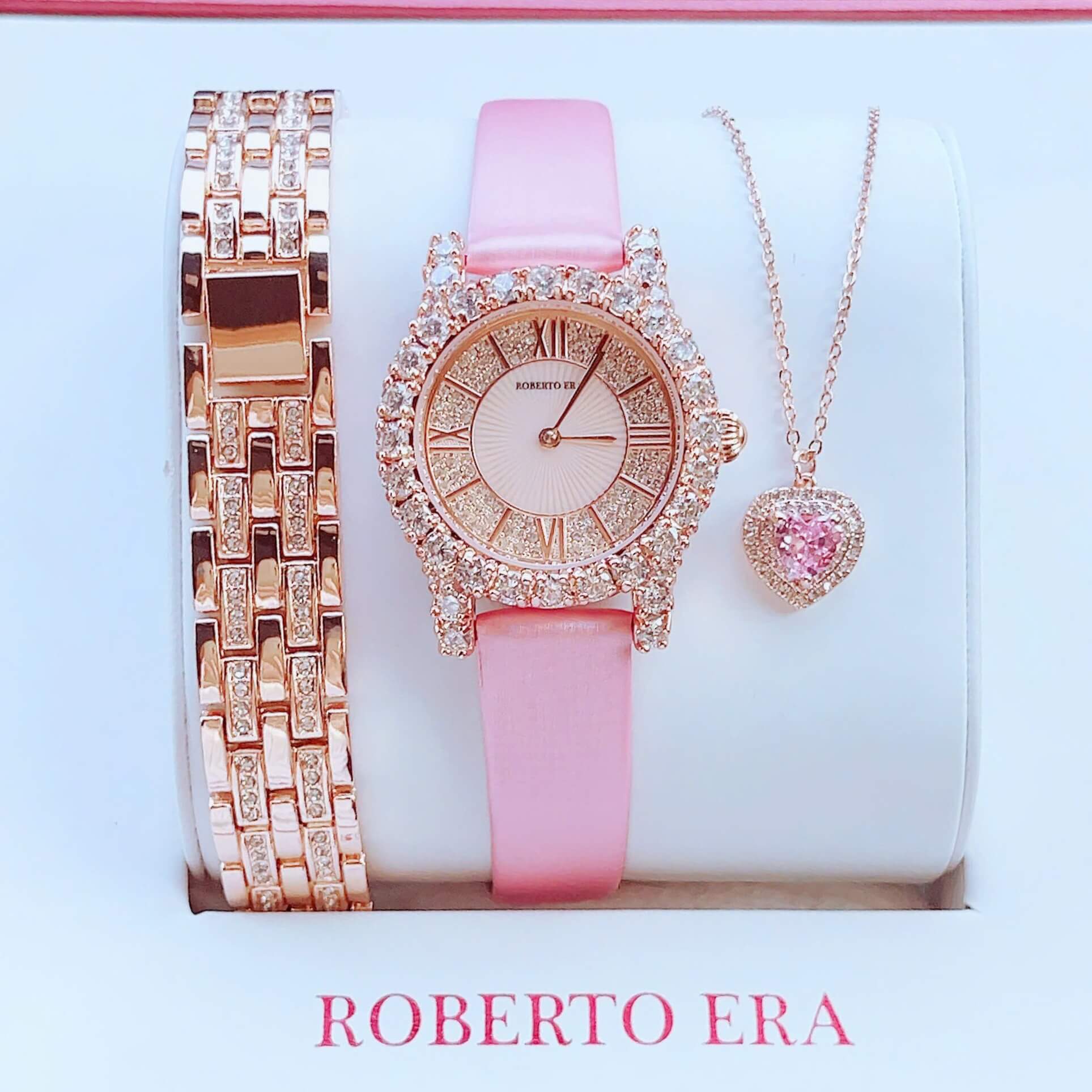 Set đồng hồ nữ chính hãng Roberto Era RE834 dây da lụa hồng size 32mm mặt đính đá kèm dây kim loại và phụ kiện màu vàng hồng