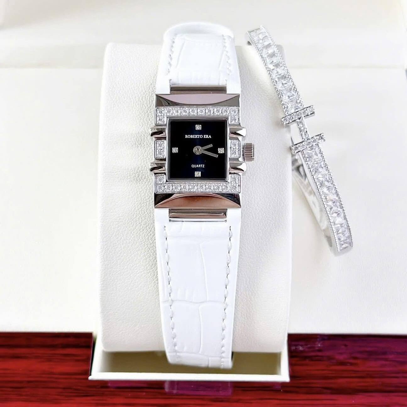 Đồng hồ nữ chính hãng Roberto Era RE1601W dây da trắng mặt đen vuông size 20x30mm vỏ silver