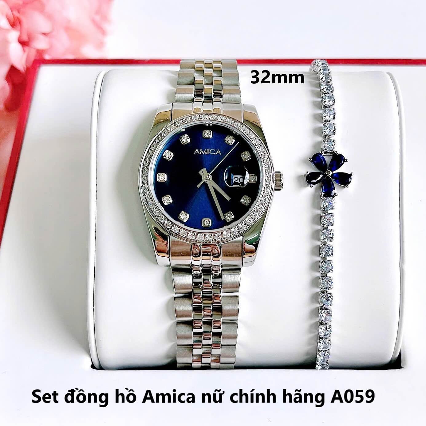 Set đồng hồ nữ Amica chính hãng màu bạc mặt xanh dương size 32mm - Đồng hồ Amica A059