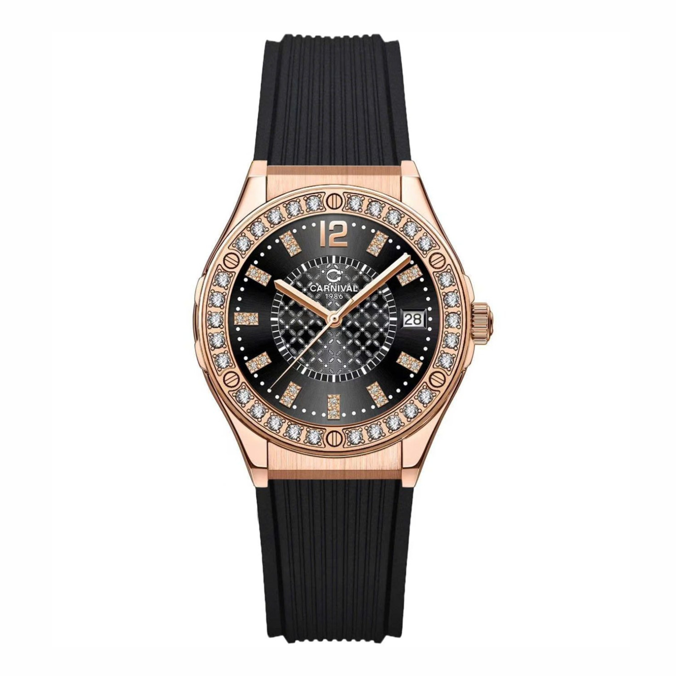 Đồng Hồ Nữ Carnival 8173L2 Dây Cao Su Đen Đính Đá Rose Size 34mm Quartz Japan Carnival 8173L2-VH-DCS-D