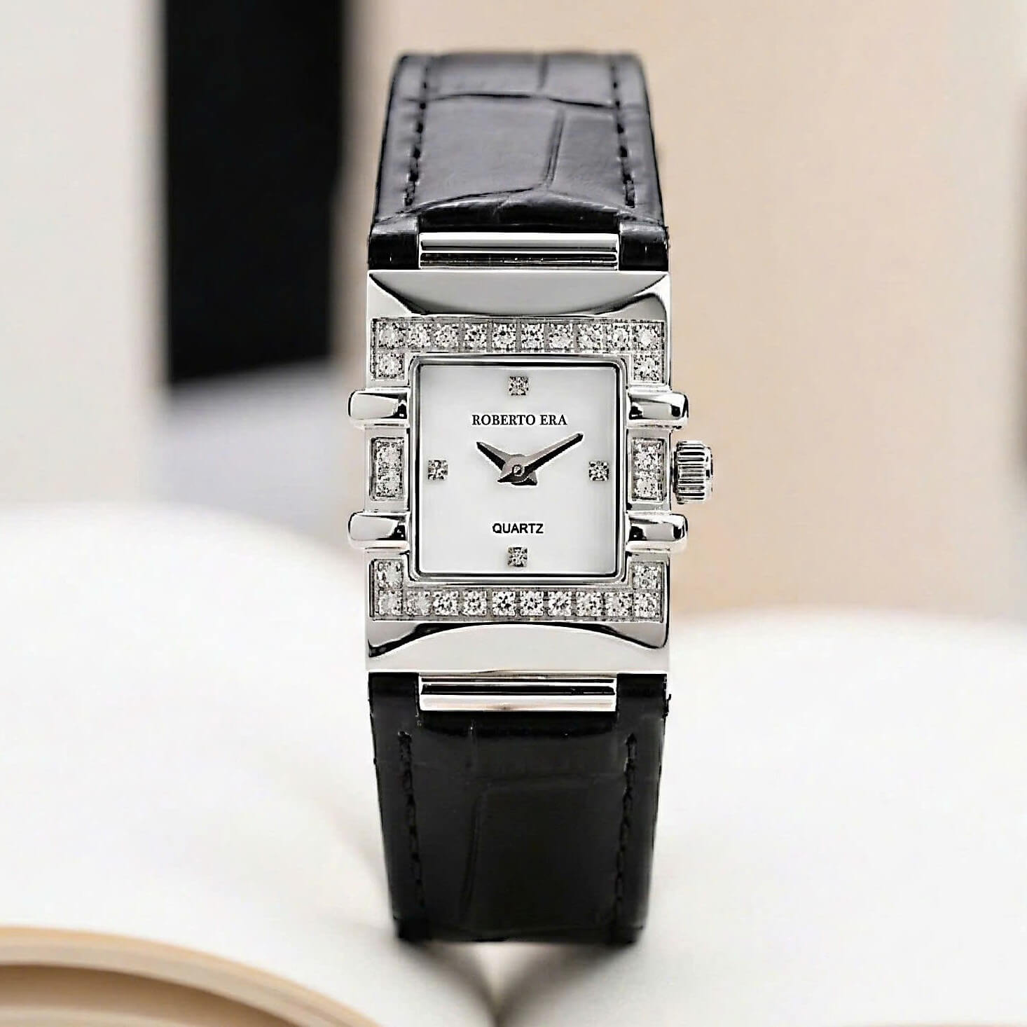 Đồng hồ nữ chính hãng Roberto Era RE1601 dây da đen mặt trắng vuông size 20x30mm vỏ silver