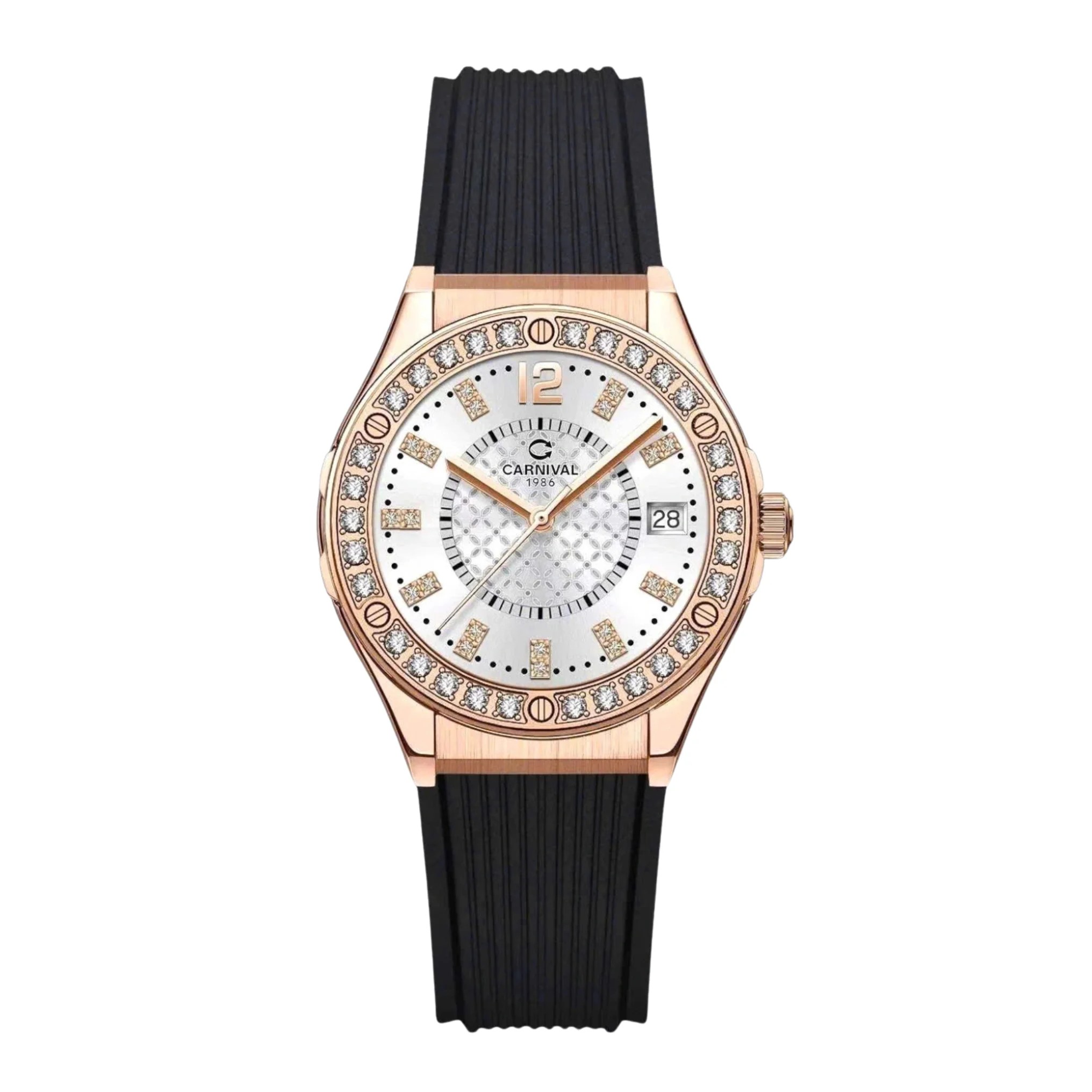 Đồng Hồ Nữ Carnival 8173L2 Dây Cao Su Đen Mặt Trắng Đính Đá Rose Size 34mm Quartz Japan Carnival 8173L2-VH-DCS-T