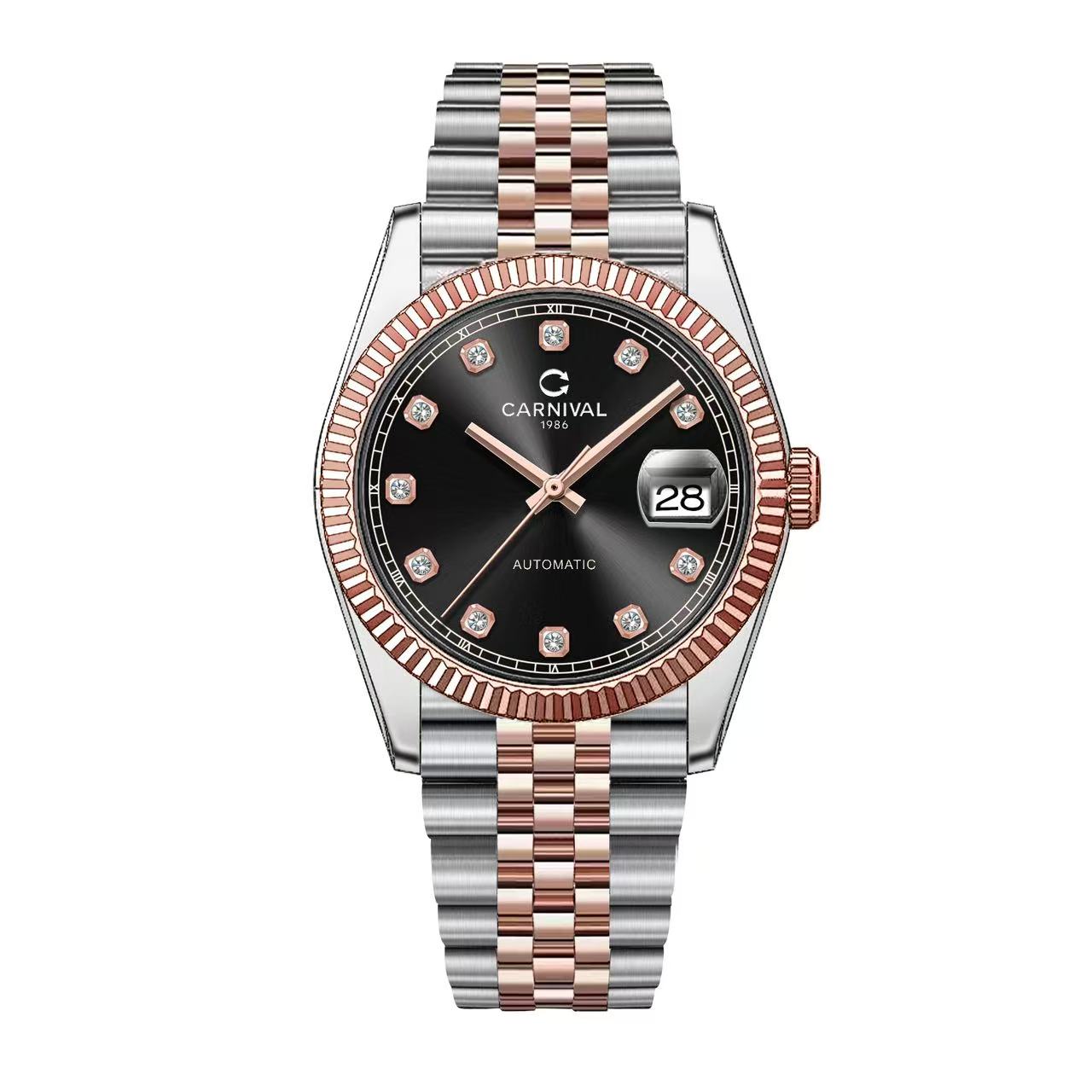 Đồng Hồ Nam Carnival 8250G-CH-D Automatic Dây Demi Vàng Hồng Mặt Đen Size 38mm