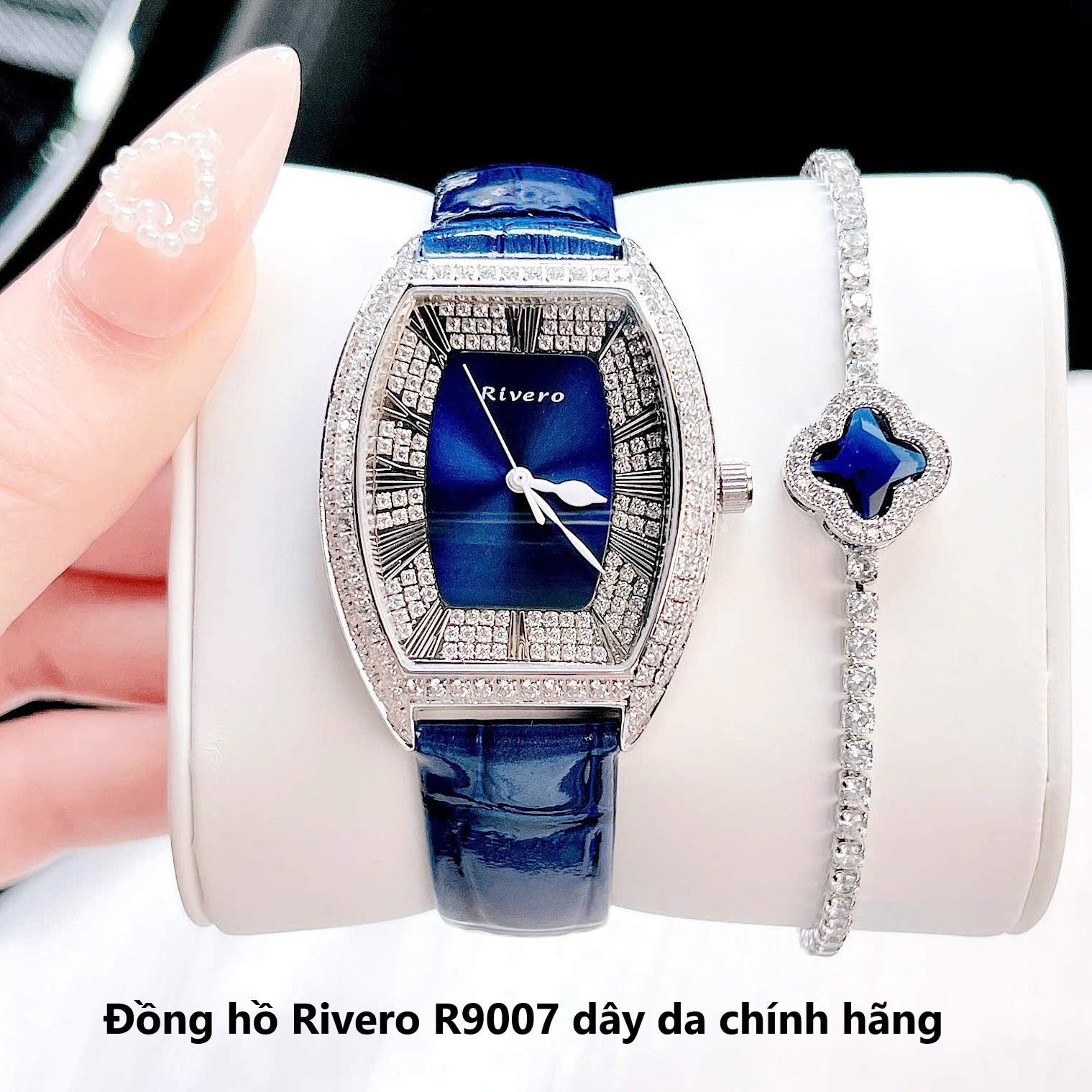 Đồng hồ Rivero nữ chính hãng, đồng hồ Rivero R9007 dây da xanh dương vỏ silver size 34mm