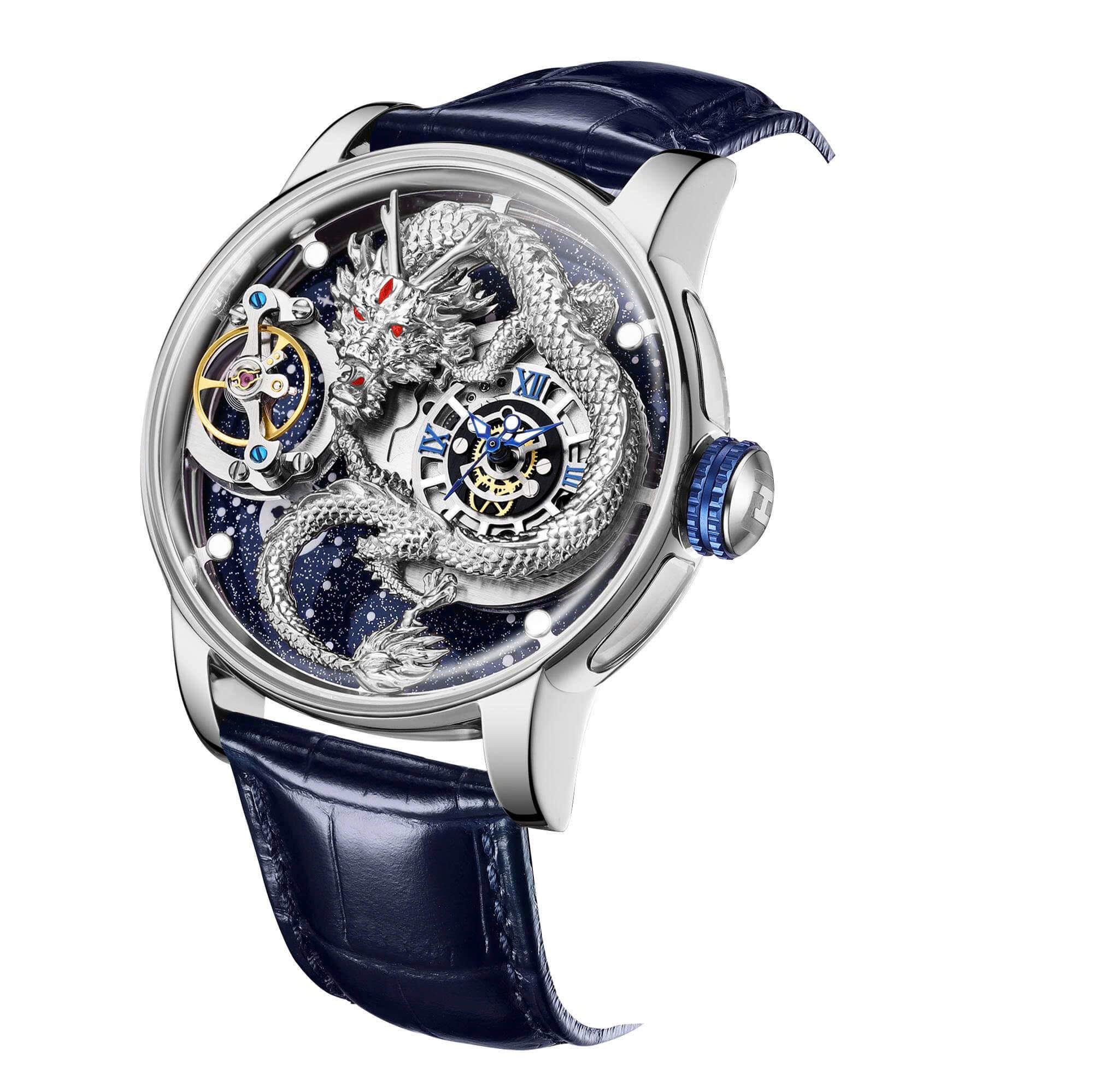 Đồng Hồ Nam Hanboro Automatic Dây Da Xanh Đậm Vỏ Silver Mặt Rồng Size 44mm HBR1018