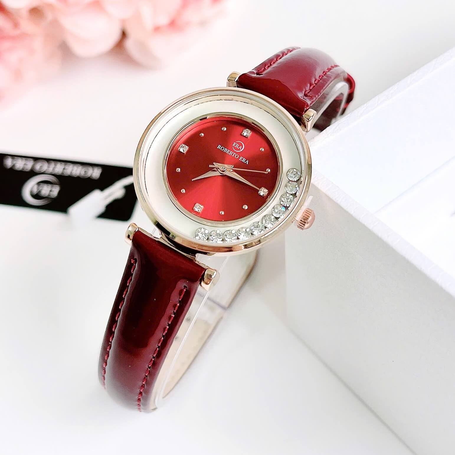 Đồng hồ nữ chính hãng Roberto Era RE8492 dây da đỏ mặt đá chảy size 32mm vỏ rose