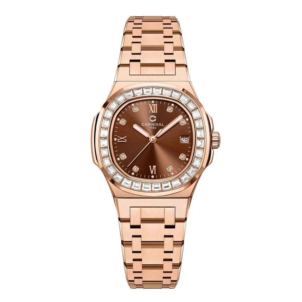 Đồng Hồ Nữ Carnival 8160L2-VH-N Vàng Hồng Mặt Nâu Viền Đá Size 34mm Sapphire