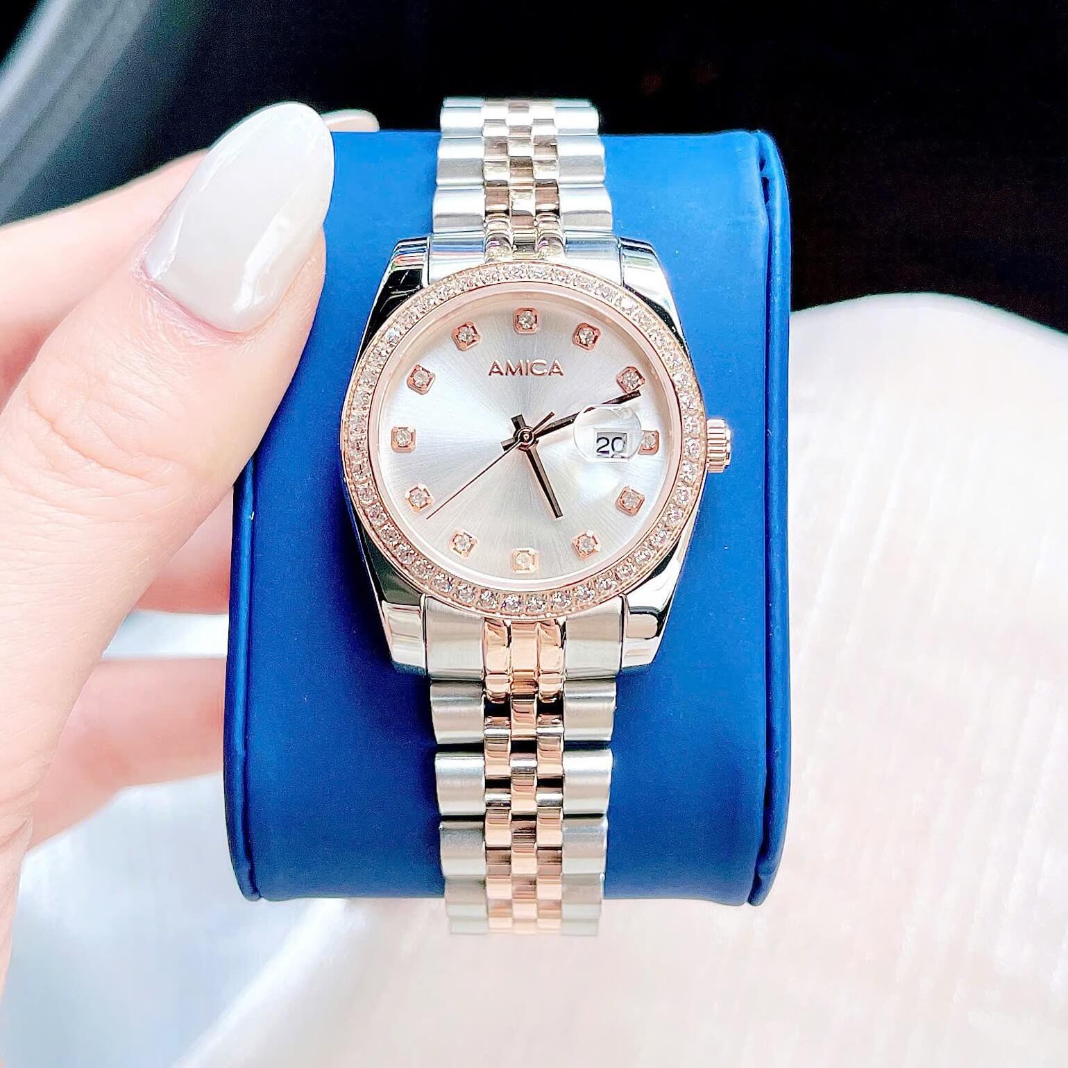 Set đồng hồ nữ Amica chính hãng demi vàng hồng mặt trắng size 32mm - Đồng hồ Amica A059