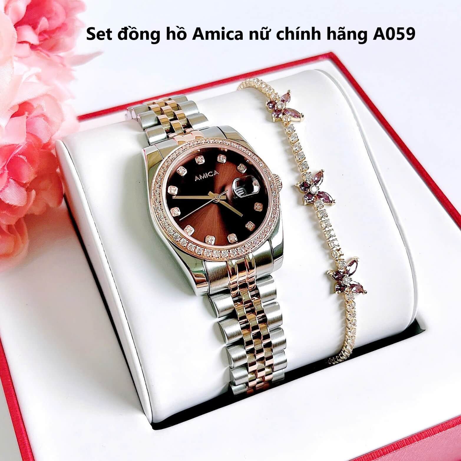 Set đồng hồ nữ Amica chính hãng màu demi vàng hồng mặt nâu size 32mm - Đồng hồ Amica A059
